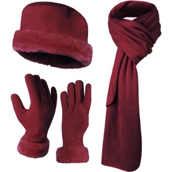 Women's Warm Fleece Winter Hat and Glove Set & Scarves, Burgundy